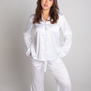Women's White (With White Piping) Satin Long Sleeve Long Pants PJ Set