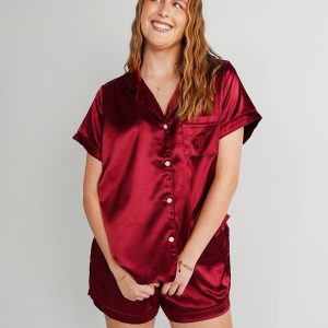 Womens Cherry Wine Satin Short PJ Set