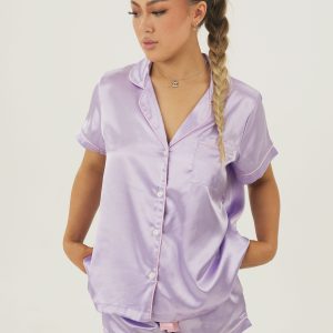 Womens Lilac Satin Short Pajama Set