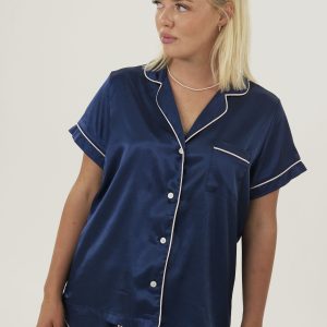 Womens Navy Blue Satin Short Pajama Set