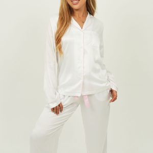 Womens White Matte Satin Long Pajama Set