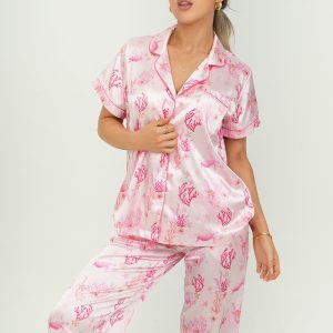 Pink Coral Garden Satin Long Pajama Set