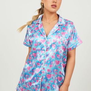 Diamond Hearts Blue Satin Short Pajama Set