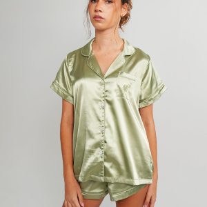 Womens Gum Leaf Satin Short PJ Set