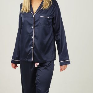 Womens Navy Blue Matte Satin Long Pajama Set