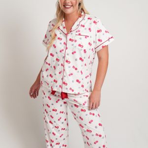 Cherries And Berries Jersey Knit Cotton Short Top / Long Pants PJ Set