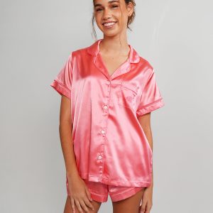 Womens Coral Pink Satin Short PJ Set