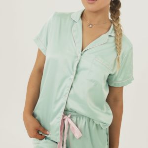 Womens Bubblegum Green Matte Satin Short Pajama Set