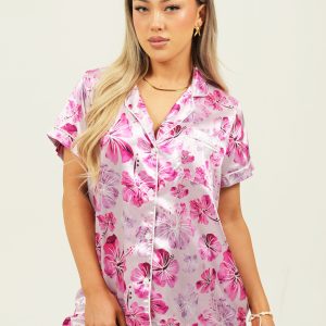 Pink Hibiscus Short Satin Pajama Set