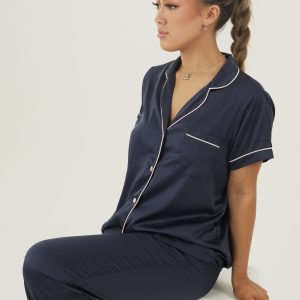Womens Matte Navy Satin Long Pajama Set