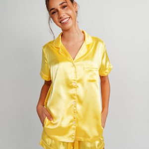 Womens Lemon Yellow Satin Short PJ Set