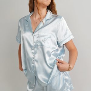 Womens Baby Blue (With Baby Blue Piping) Satin Short PJ Set
