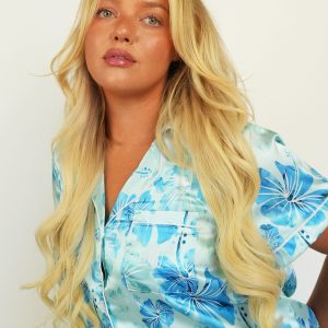Aqua Hibiscus Short Satin Pajama Set